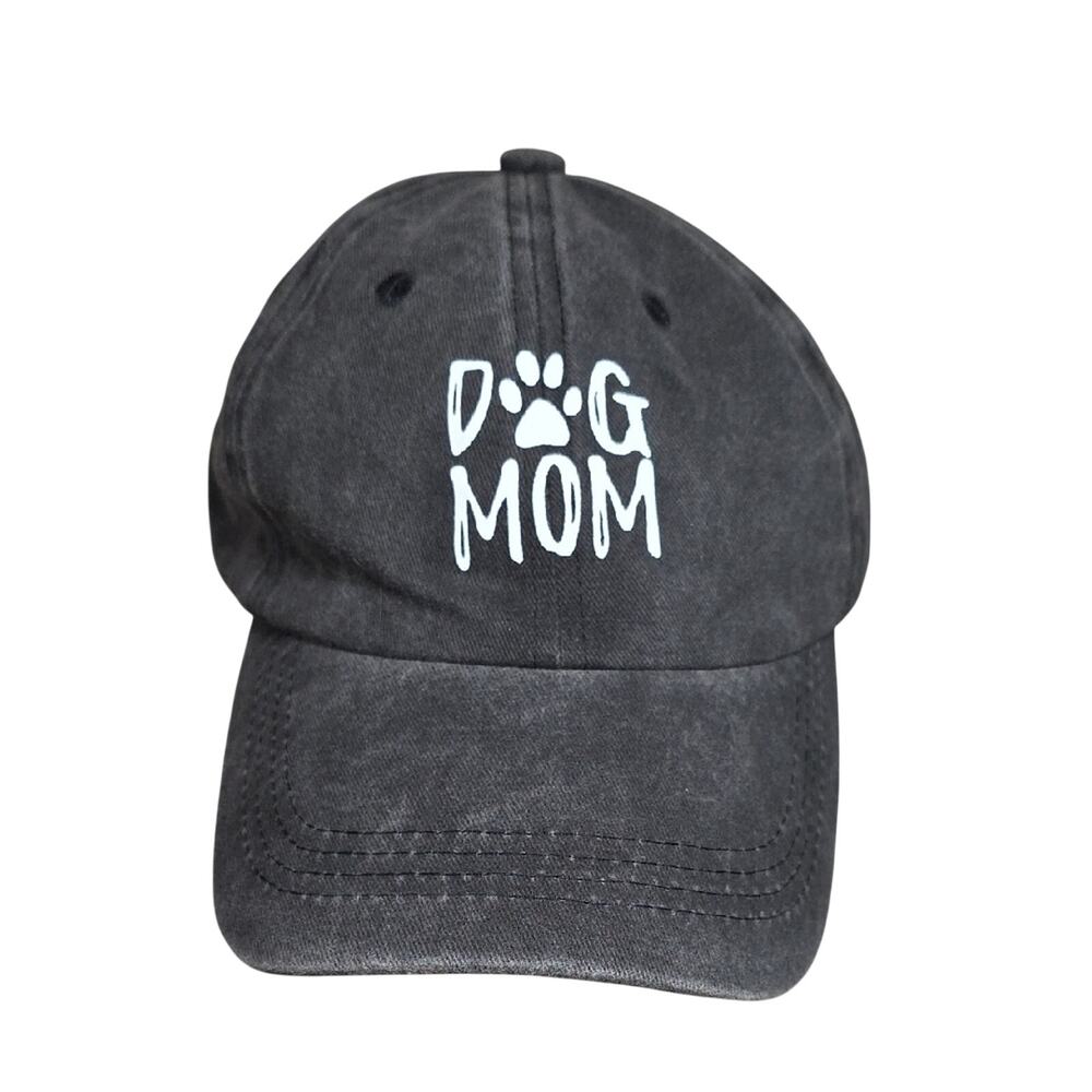 Dog Mom Black Distressed Denim Baseball Cap Adjustable